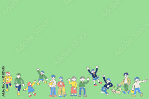 横に並んでいる多世代の人々のゆるいイラスト（セット）