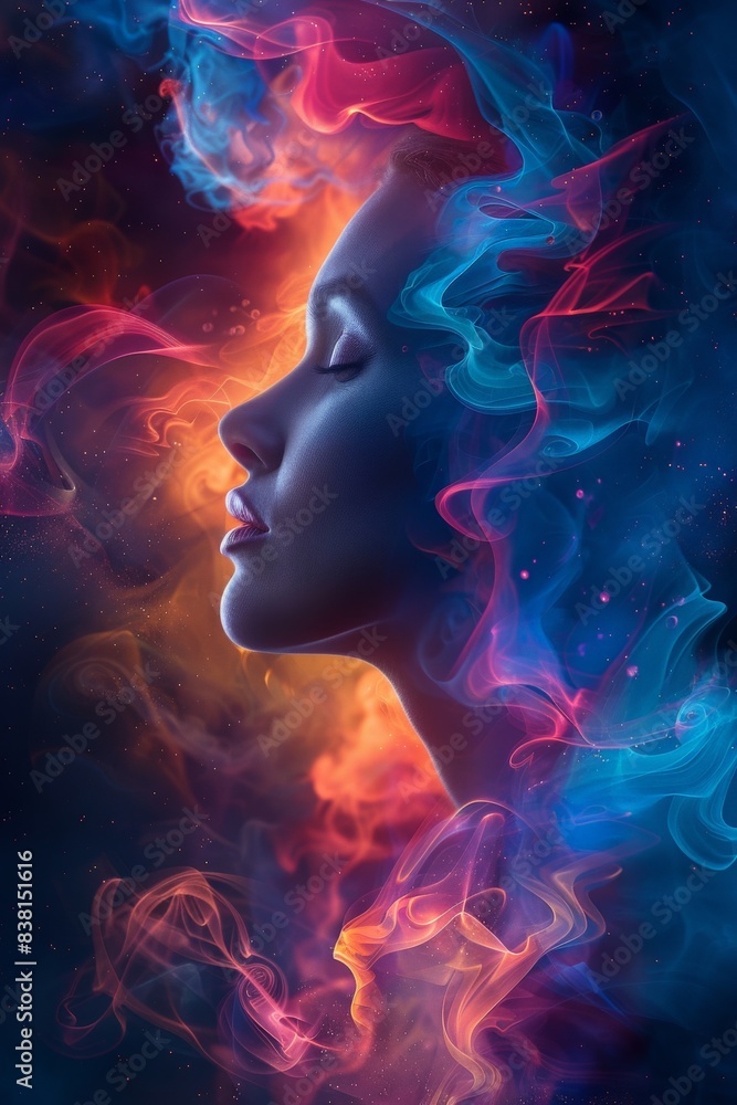 Surreal portrait of a woman in profile surrounded by vibrant colorful smoke blending into her dark background, creating a mesmerizing and dreamy atmosphereSurreal