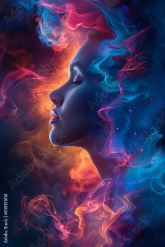 Surreal portrait of a woman in profile surrounded by vibrant colorful smoke blending into her dark background  creating a mesmerizing and dreamy atmosphereSurreal