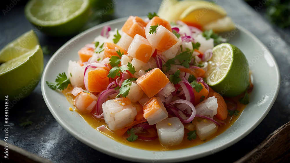 Ceviche refreshing and tangy dish made with raw fish cured in citrus juices, often served with onions and cilantro Ceviche refreshing and tangy dish made with raw fish cured in citrus juices, often served with onions and cilantro