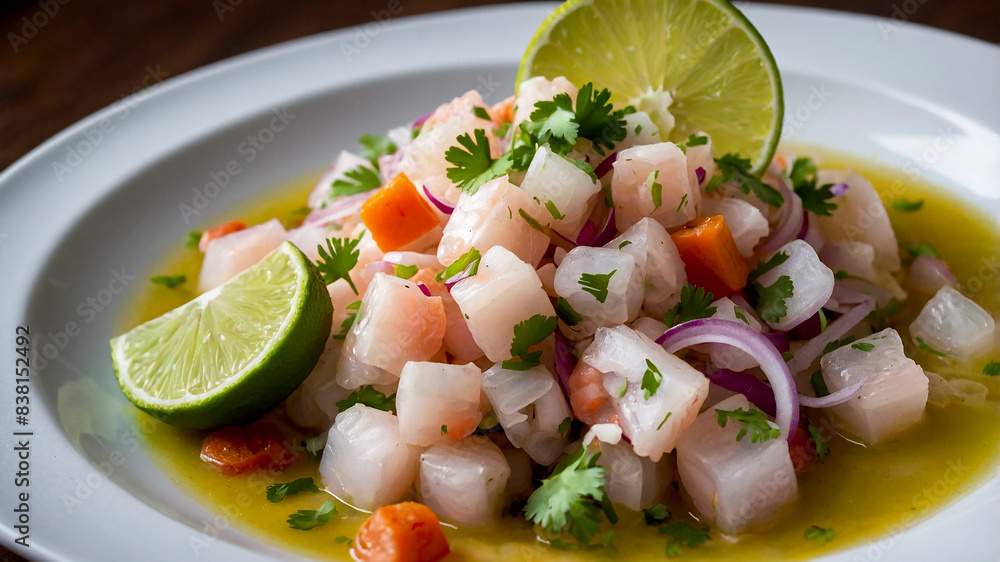 Ceviche refreshing and tangy dish made with raw fish cured in citrus juices, often served with onions and cilantro Ceviche refreshing and tangy dish made with raw fish cured in citrus juices, often served with onions and cilantro