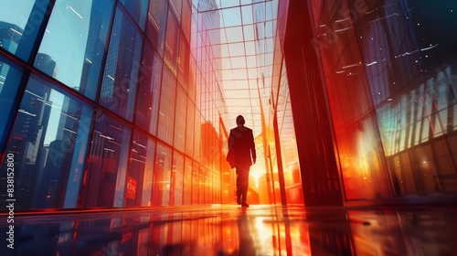 A businessman walks through a modern city street at sunset, bathed in warm light. The glass buildings reflect the vibrant colors of the sky.