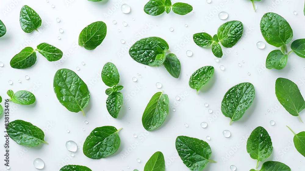 Fresh oregano leaves with water droplets scattered around on a pristine white background Fresh oregano leaves with water droplets scattered around on a pristine white background