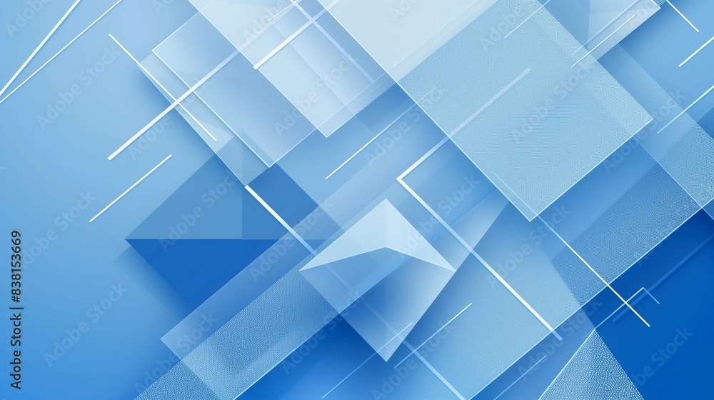 A modern abstract blue background design featuring layers of textured white transparent material arranged in random geometric triangle, diamond, and square shapes. A modern abstract blue background design featuring layers of textured white transparent material arranged in random geometric triangle, diamond, and square shapes.