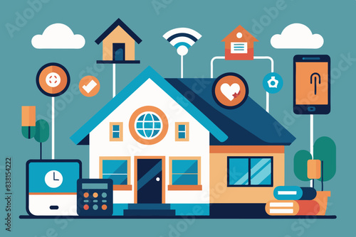 The concept of a smart home. It is connected to various devices and services through wireless connections, symbolizing the Internet of Things. The theme reflects the modern trend towards interconnecti