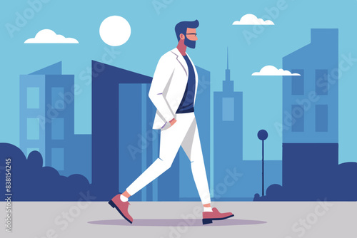 a man walking confidently through the urban environment. The background is simplified images of city buildings under a clear sky, with the sun visible in the upper right corner. The man is dressed in 