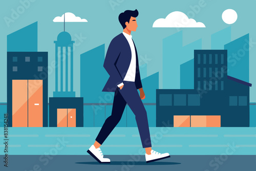 a man walking confidently through the urban environment. The background is simplified images of city buildings under a clear sky, with the sun visible in the upper right corner. The man is dressed in 