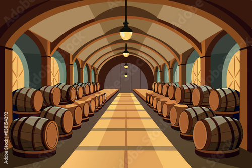 Making wine and other alcoholic beverages. the interior of a cellar room or storage room. On either side are two rows of wooden barrels.
