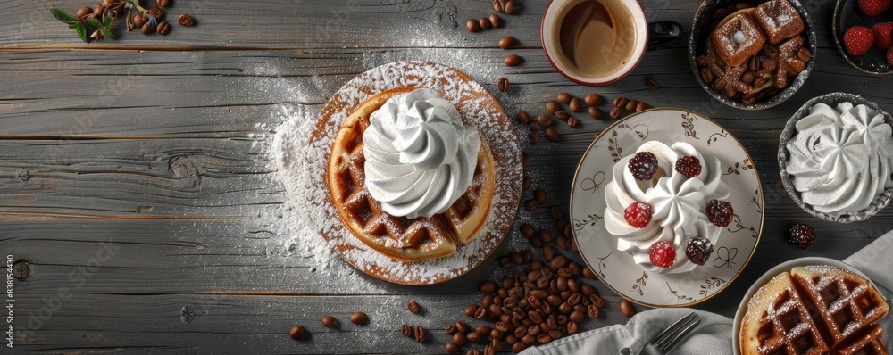 Waffle breakfast with whipped cream, raspberries, and coffee on rustic wooden table. Delicious morning treat with cozy ambiance. Waffle breakfast with whipped cream, raspberries, and coffee on rustic wooden table. Delicious morning treat with cozy ambiance.