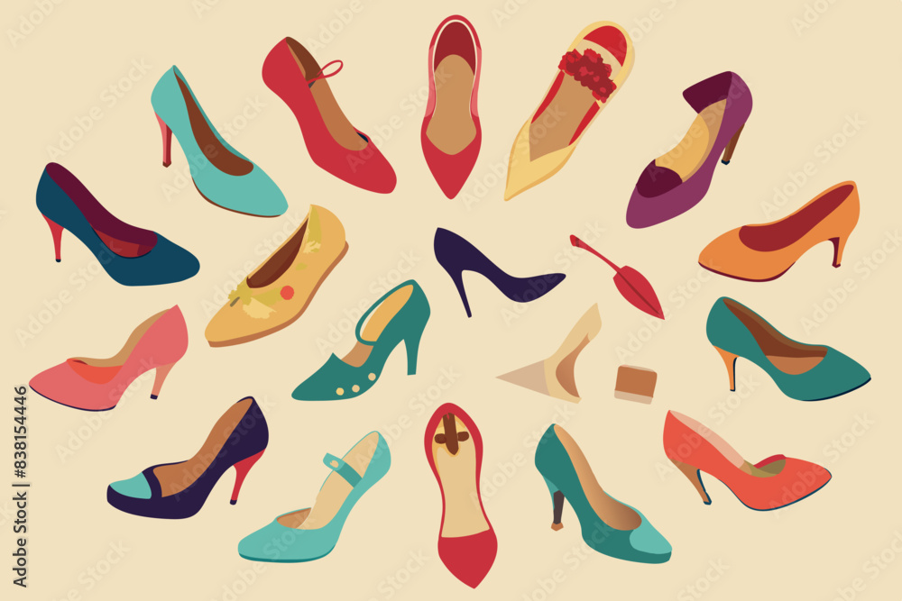 shoes with various patterns, designs and colors. These include high-heeled shoes, ballet flats, sneakers and sandals. the theme demonstrates a variety of shoe styles and shows a selection of fashionab shoes with various patterns, designs and colors. These include high-heeled shoes, ballet flats, sneakers and sandals. the theme demonstrates a variety of shoe styles and shows a selection of fashionab