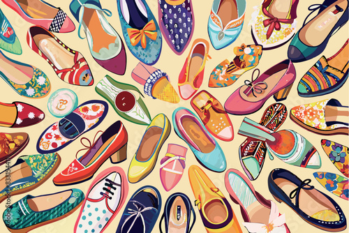 shoes with various patterns, designs and colors. These include high-heeled shoes, ballet flats, sneakers and sandals. the theme demonstrates a variety of shoe styles and shows a selection of fashionab photo