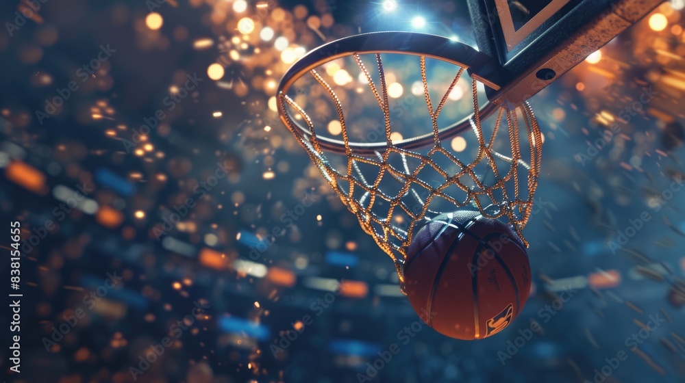 Dynamic basketball scene, ball swishing through net close up. Orange basket ball goes into sport hoop closeup. Competitive concepts. Excitement and energy of successful. Team win game. Active action. Dynamic basketball scene, ball swishing through net close up. Orange basket ball goes into sport hoop closeup. Competitive concepts. Excitement and energy of successful. Team win game. Active action.