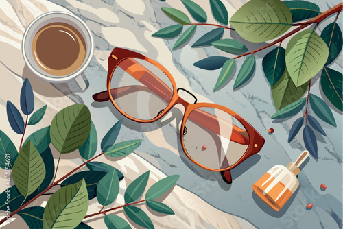 A pair of glasses with the reflection of palm leaves on the lenses. They lie on a surface which, is decorated with abstract shapes and colors. Green leaves can be seen around them, creating a tropical