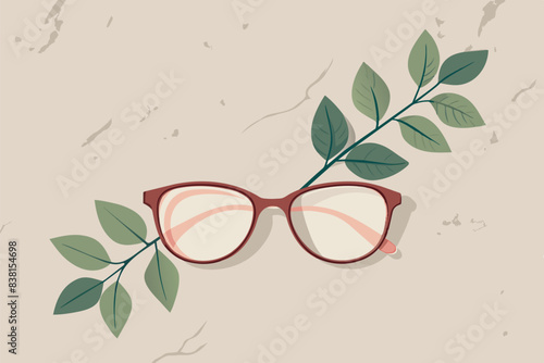 A pair of glasses with the reflection of palm leaves on the lenses. They lie on a surface which, is decorated with abstract shapes and colors. Green leaves can be seen around them, creating a tropical