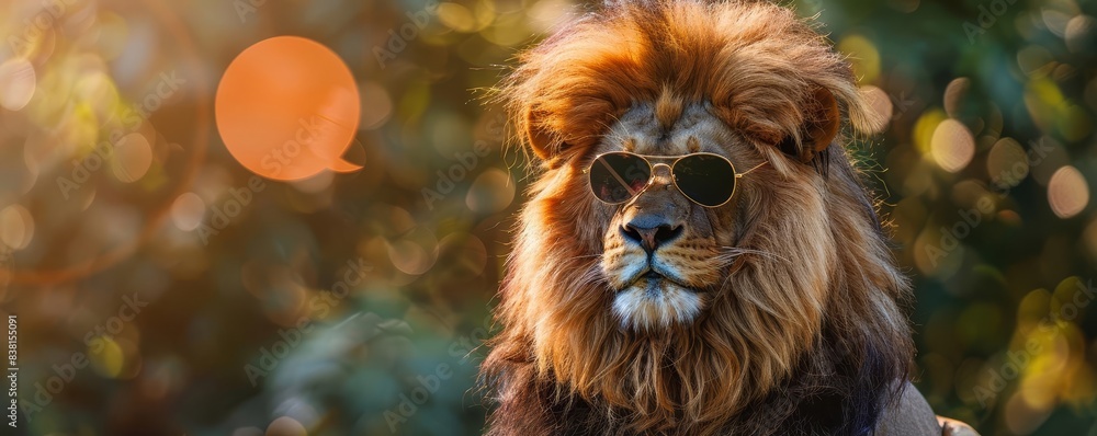 Naklejka premium Lion wearing sunglasses, summer safari, copy space, empty saying bubble