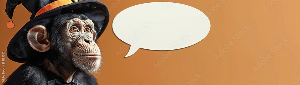 Monkey in a witch costume, copy space, empty saying bubble Monkey in a witch costume, copy space, empty saying bubble