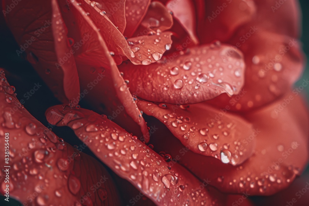 A closeup view captures the stunning beauty of nature in vibrant red rose petals, adorned with dew drops. This macro photography reveals the delicate and romantic side of botanical wonders A closeup view captures the stunning beauty of nature in vibrant red rose petals, adorned with dew drops. This macro photography reveals the delicate and romantic side of botanical wonders