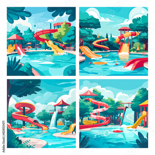 Aquaparks cartoon scenery, aqua park waterslides background, pool attraction spiral tube summer vacation resort amusement aqua slide child swimming playground vector illustration
