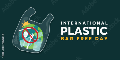 International Plastic Bag Free Day. Plastic, earth, spoons and more.  Great for cards, banners, posters, social media and more. Dark green background.