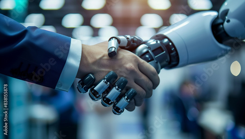 A humanoid robot shakes hands with a businessman, set in a futuristic high-tech environment.