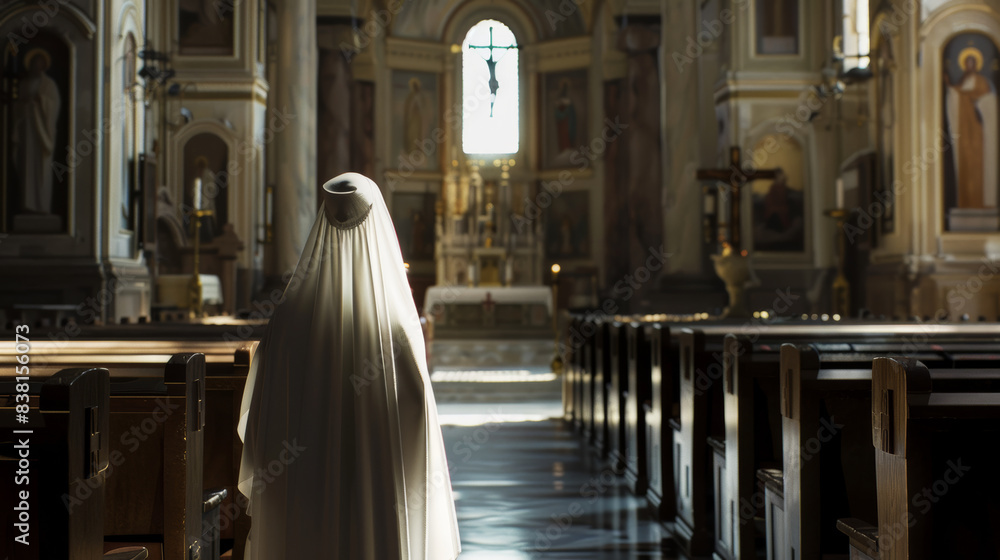A solemn nun walks towards the altar in the sacred quiet of an empty church. A solemn nun walks towards the altar in the sacred quiet of an empty church.
