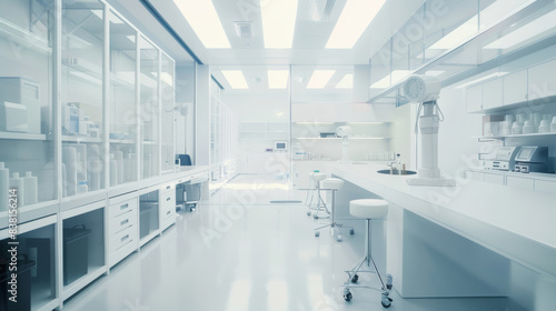 Sleek, white laboratory interior with high-tech equipment and pristine surfaces.