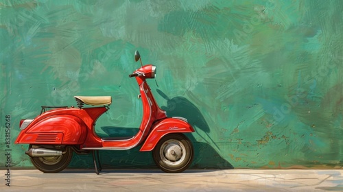 A vintage red scooter is parked against a green Background.