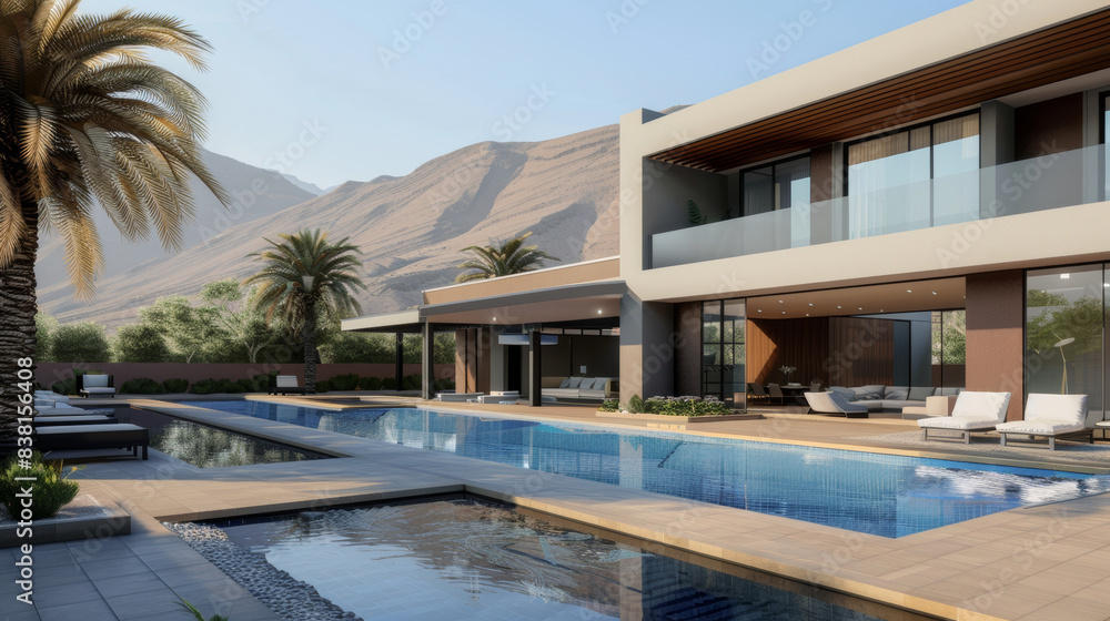 Luxurious poolside villa nestled at the foot of majestic desert mountains. Luxurious poolside villa nestled at the foot of majestic desert mountains.