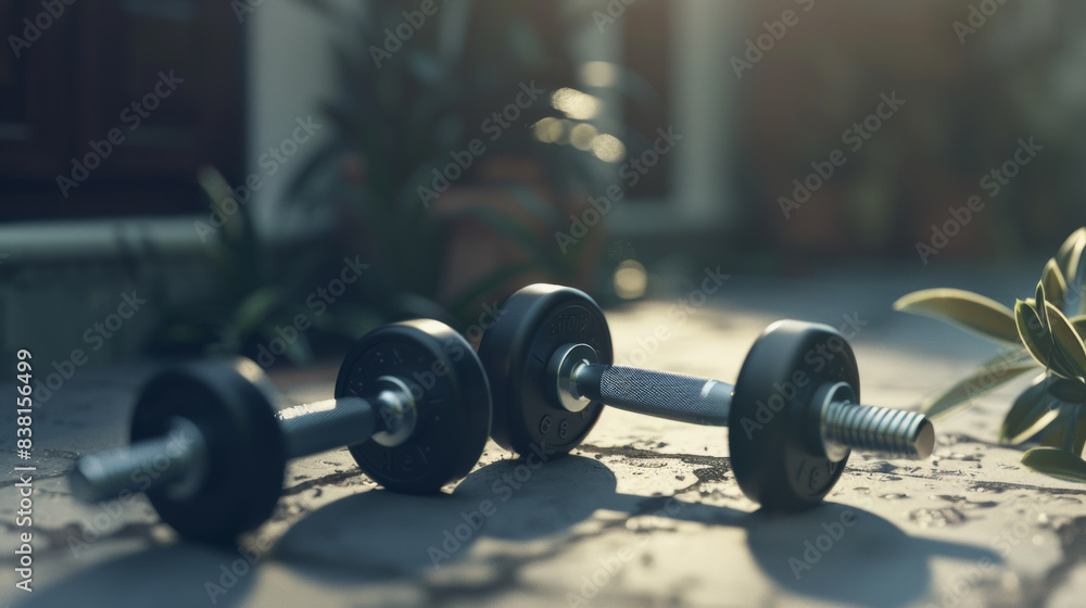 Morning light shines on dumbbells left on a patio, symbolizing an early workout routine. Morning light shines on dumbbells left on a patio, symbolizing an early workout routine.