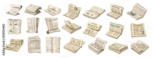 Cartoon newspapers. Newspaper press or paper text page with business publication, news media information daily tabloid newsprint journalism communication set vector illustration