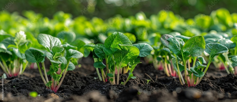 A field of green plants with red stems. The plants are growing in the dirt A field of green plants with red stems. The plants are growing in the dirt