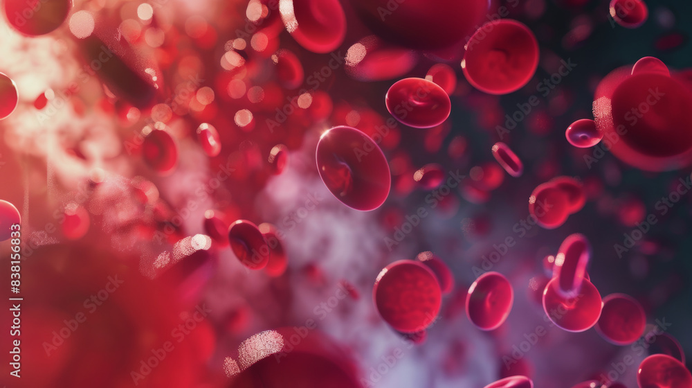 A dreamlike journey through the bloodstream, with red cells floating in a blur of motion. A dreamlike journey through the bloodstream, with red cells floating in a blur of motion.