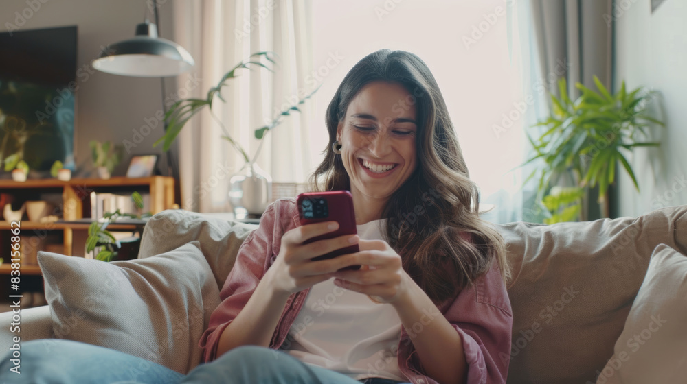 Woman smiling joyfully at her smartphone, comforted by the cozy ambiance of her modern living room. Woman smiling joyfully at her smartphone, comforted by the cozy ambiance of her modern living room.