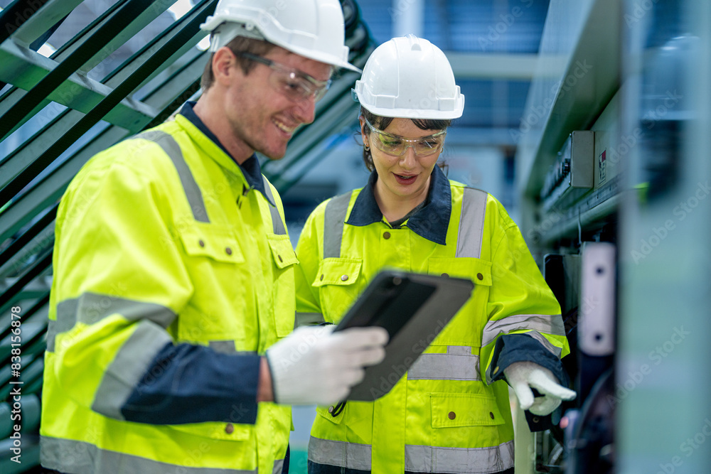 Male and female engineers in neat work clothes prepare and control the production system of large modern machines in a factory producing industrial technology products. Male and female engineers in neat work clothes prepare and control the production system of large modern machines in a factory producing industrial technology products.