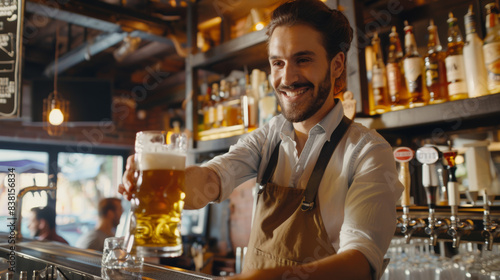 Friendly bartender presenting a freshly poured beer with a warm smile in a cozy pub atmosphere.