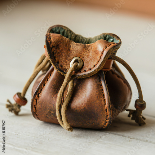 Vintage leather pouch on wooden surface.