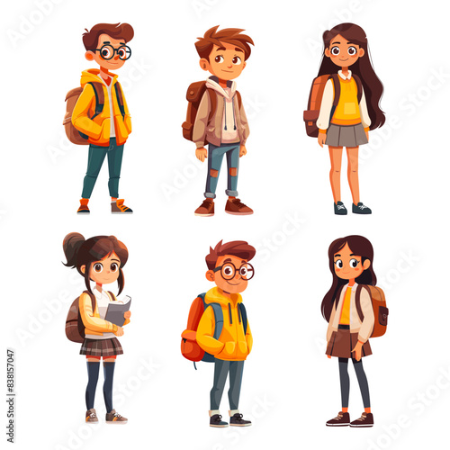 Cartoon schoolers. School students characters, schoolkid little student boy or girl teenagers schoolboy and schoolgirl children education happy studying set vector illustration