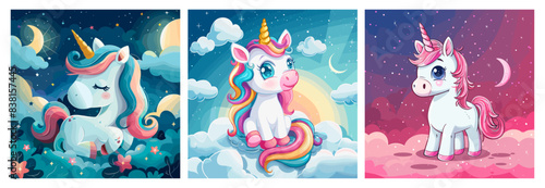 Cartoon unicorns in clouds backgrounds set. Cute baby unicorn fairy pony fantasy magic horse at pink or night stars sky moon dream scenery vector illustration