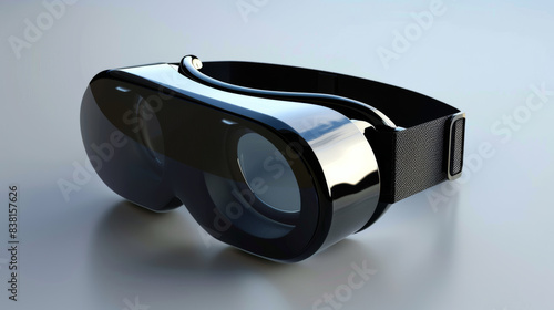 Futuristic virtual reality headset design gleams against a plain background.