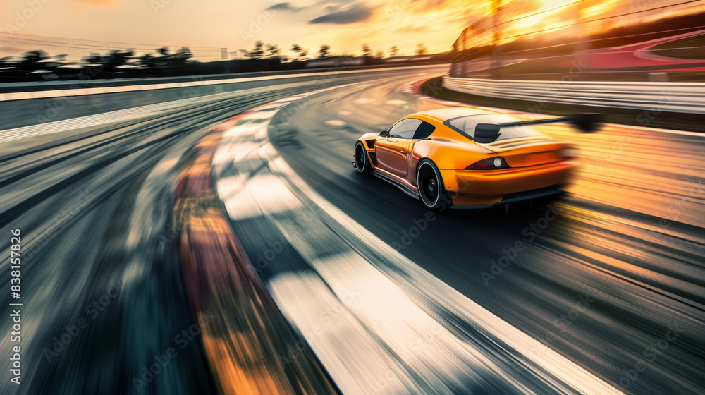 Fototapeta premium A motion blur captures the high-speed thrill of a yellow sports car on the race track.