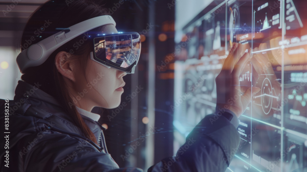 Woman engaging with a high-tech touchscreen interface in augmented reality. Woman engaging with a high-tech touchscreen interface in augmented reality.
