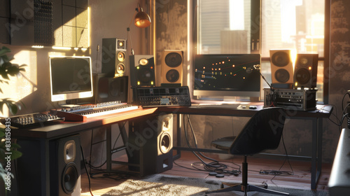 A cozy home recording studio basking in the warm glow of the setting sun. photo