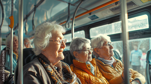 Group of senior friends share a lively conversation while riding together on a city bus.