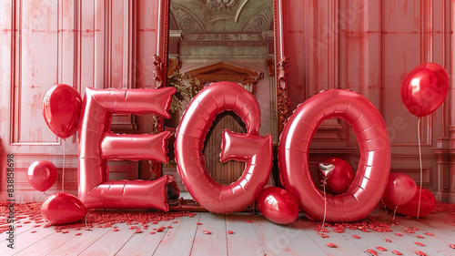 Foil balloon letters spell out Ego in front of a mirror in an ornate pink room, an ironic literal message about Inflated Ego. Pink foil metallic balloon letters, rococo. Party balloon letters. photo