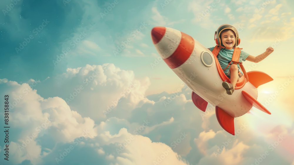 Child in astronaut helmet riding a rocket, imagination soaring through clouds.