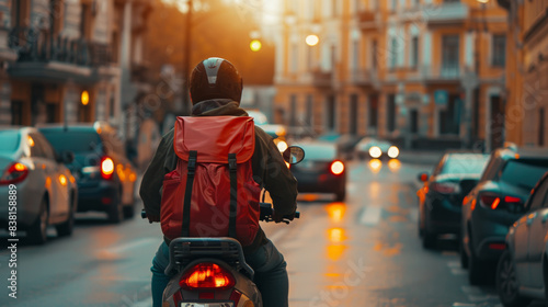 Motorcyclist with a red backpack cruising through the city's golden hour, embodying freedom.