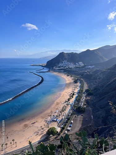 Top view of Las Teresitas beach with yellow sand. Near the city of Santa Cruz de Tenerife, Tenerife, Canary Islands. photo