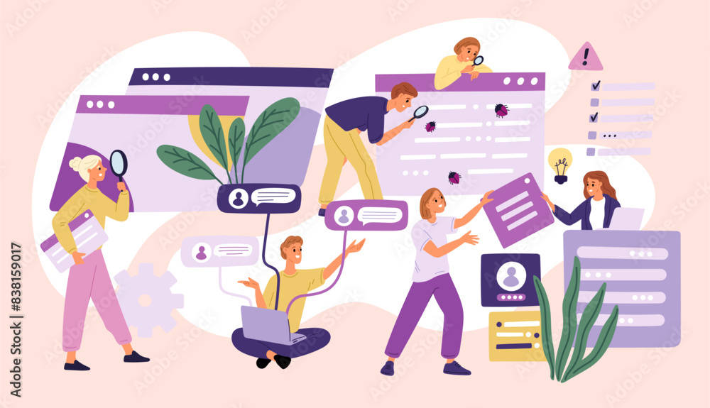 Fototapeta premium Searching process for errors in application. Testing programs. People fixing bugs in software. App development. Looking for antivirus mistakes with magnifiers. Garish vector concept