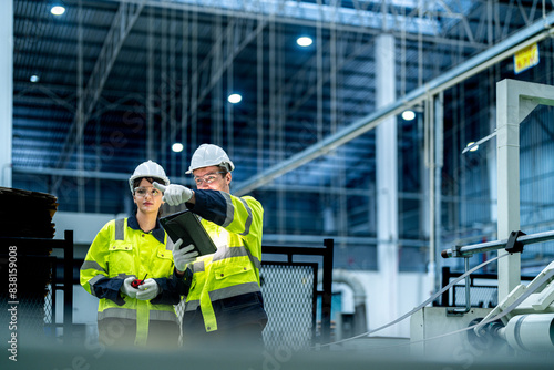Εκτύπωση καμβά Male and female engineers in neat work clothes prepare and control the production system of large modern machines in a factory producing industrial technology products