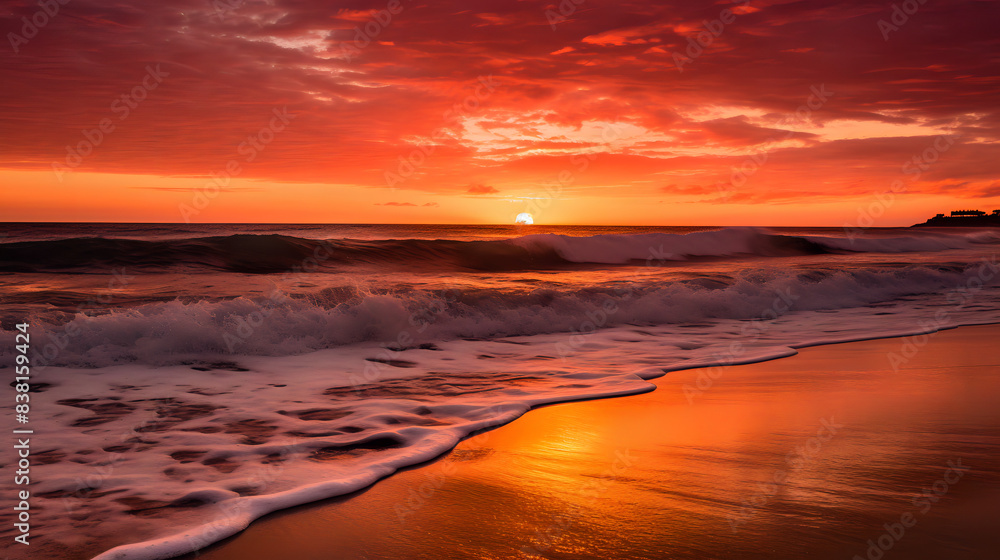 A beautiful sunset on the beach, with waves crashing onto the shore and clouds in the sky, in fiery reds and oranges. A beautiful sunset on the beach, with waves crashing onto the shore and clouds in the sky, in fiery reds and oranges.